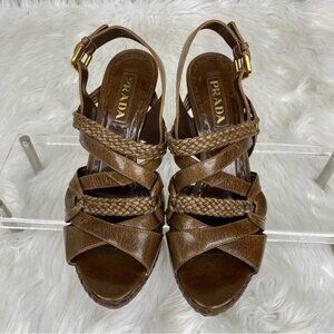 Prada Women's Brown Designer Braided Leather Strappy Luxury Heels IT 37.5 / US 7